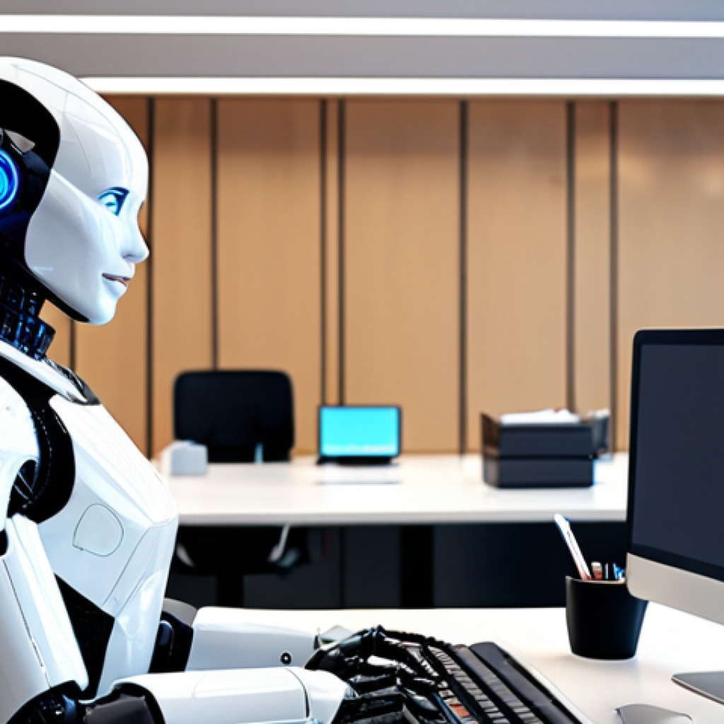 **Prompt:** A sleek, modern office environment showcasing a humanoid robot (RPA) seamlessly integrating with human employees at desks. The robot is assisting with data entry on a computer, highlighting efficiency and collaboration. Focus on bright, professional lighting and a positive, forward-thinking atmosphere. Style: Photorealistic, with a touch of futuristic design elements.