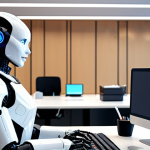 **Prompt:** A sleek, modern office environment showcasing a humanoid robot (RPA) seamlessly integrating with human employees at desks. The robot is assisting with data entry on a computer, highlighting efficiency and collaboration. Focus on bright, professional lighting and a positive, forward-thinking atmosphere. Style: Photorealistic, with a touch of futuristic design elements.
