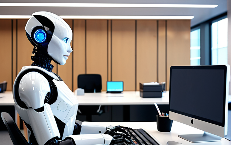 **Prompt:** A sleek, modern office environment showcasing a humanoid robot (RPA) seamlessly integrating with human employees at desks. The robot is assisting with data entry on a computer, highlighting efficiency and collaboration. Focus on bright, professional lighting and a positive, forward-thinking atmosphere. Style: Photorealistic, with a touch of futuristic design elements.