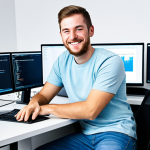 React Focus**

"A professional web developer, fully clothed in a modest coding t-shirt and jeans, working at a bright, modern desk. Multiple monitors display React code with JSX syntax highlighted. The developer is smiling slightly, looking directly at the viewer. Safe for work, appropriate content, perfect anatomy, well-formed hands, natural pose, professional, modern office background, clean and well-lit."

**