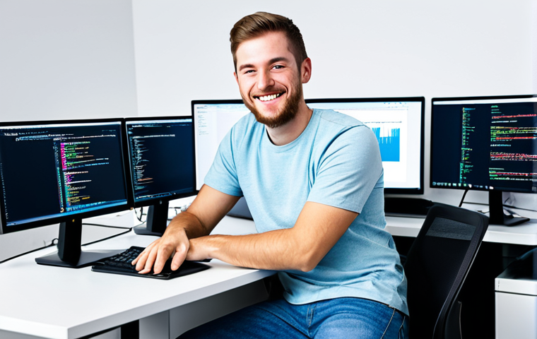 React Focus**
"A professional web developer, fully clothed in a modest coding t-shirt and jeans, working at a bright, modern desk. Multiple monitors display React code with JSX syntax highlighted. The developer is smiling slightly, looking directly at the viewer. Safe for work, appropriate content, perfect anatomy, well-formed hands, natural pose, professional, modern office background, clean and well-lit."
**