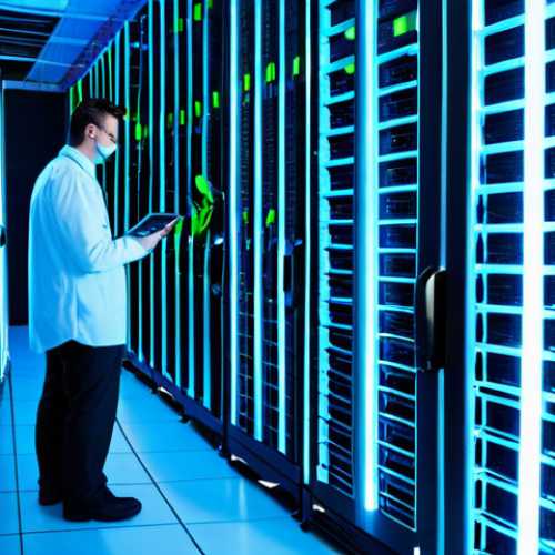 Data Center Efficiency**

"A modern data center interior, rows of servers with blue and green LED lights indicating energy efficiency, technicians in professional attire monitoring the systems, showcasing smart cooling technology.  Environmental sustainability concept, appropriate content, safe for work, fully clothed, professional, perfect anatomy, correct proportions, well-formed hands, proper finger count, natural pose, high quality."

**